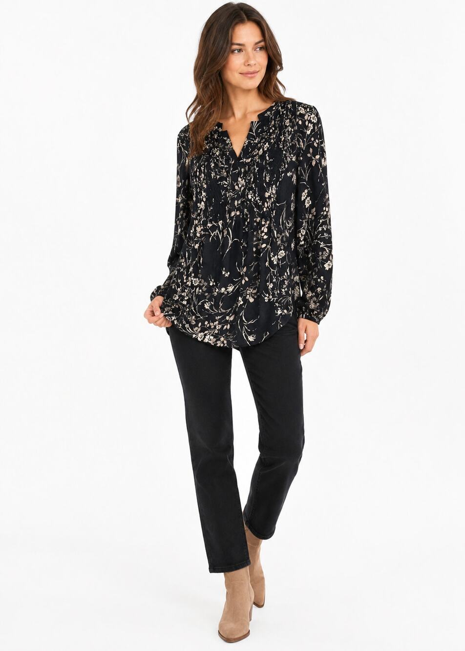 Lucky Brand Black Ivory Floral Smocked Peasant Blouse Boho Long Sleeve S